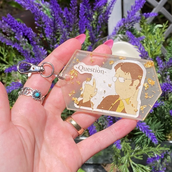 The Office Dwight Schrute " Question " Cartoon & Gold Flakes Keychain Bag Charm - Picture 6 of 9